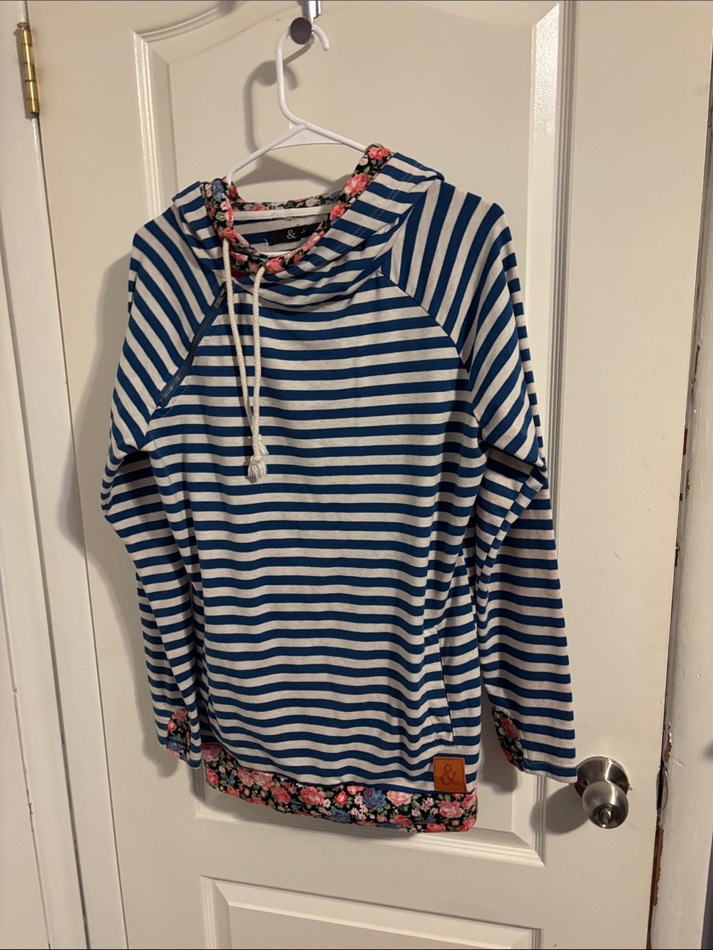 AMPERSAND AVE Blue & White Striped Hoodie with Floral Trim